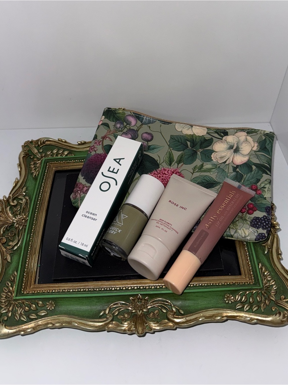 Floral Cosmetic Pouch with Skincare & Lip Products